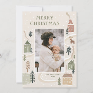Merry Christmas   Winter Cosy Village Family Photo Holiday Card