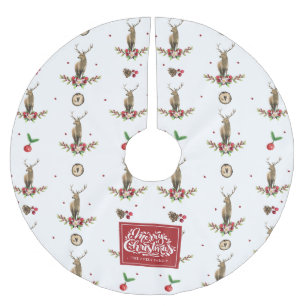 Merry Christmas Winter Deer Pattern Watercolor Brushed Polyester Tree Skirt
