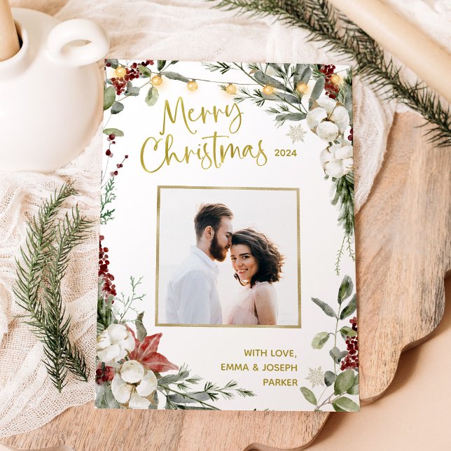 Merry Christmas | Winter Floral and Photo and Gold Holiday Card (Creator Uploaded)