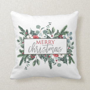 Merry Christmas winter floral Black Plaid Cushion