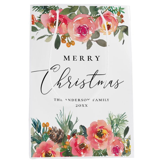 Merry Christmas | Winter Floral & Pine Branch Medium Gift Bag (Front)