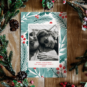 Merry Christmas. Winter floral & pines photo Holiday Card