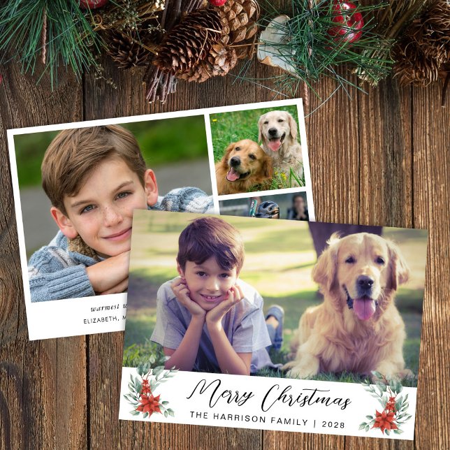 Merry Christmas Winter Florals 4 Photo Holiday Card (Creator Uploaded)