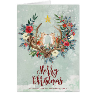 Merry Christmas winter florals foxes holiday card