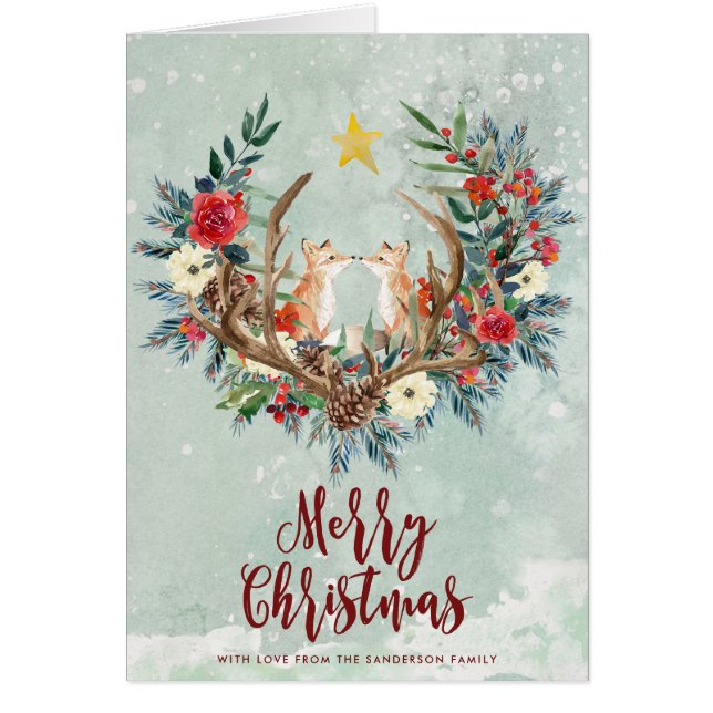 Merry Christmas winter florals foxes holiday card (Front)