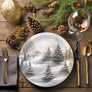 Merry Christmas Winter Forest Landscape Paper Plate