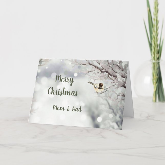 Merry Christmas Winter Frost Bird Mum & Dad Holiday Card (Front)