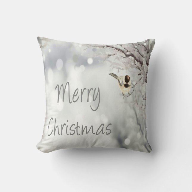 Merry Christmas Winter Frosty Bird Traditional Cushion (Front)
