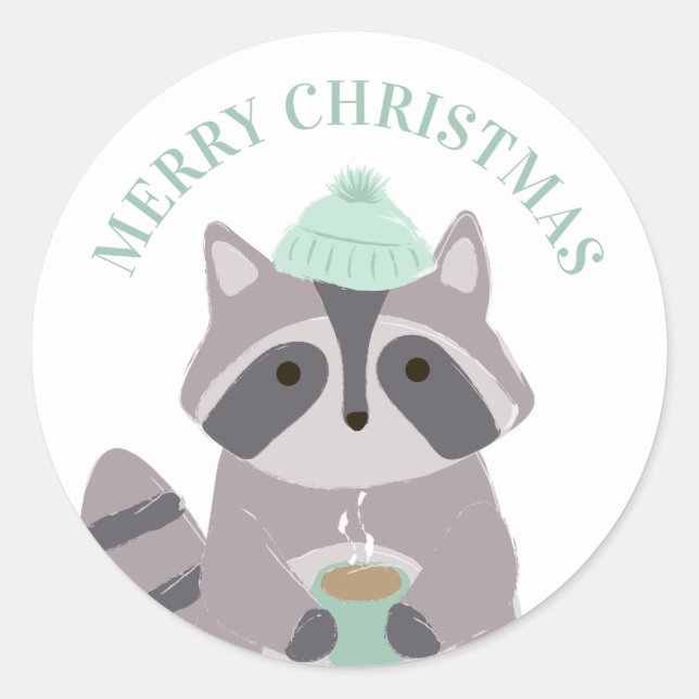 Merry Christmas. Winter funny racoon. Cute animal Classic Round Sticker (Front)