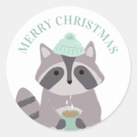 Merry Christmas. Winter funny racoon. Cute animal