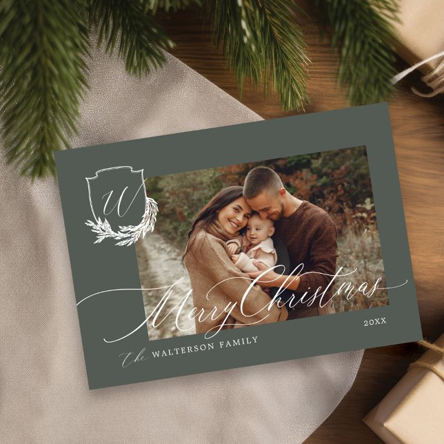 Merry Christmas Winter Garland Monogram Photo Holiday Card (Merry Christmas Winter Garland Monogram Photo Holiday Card)