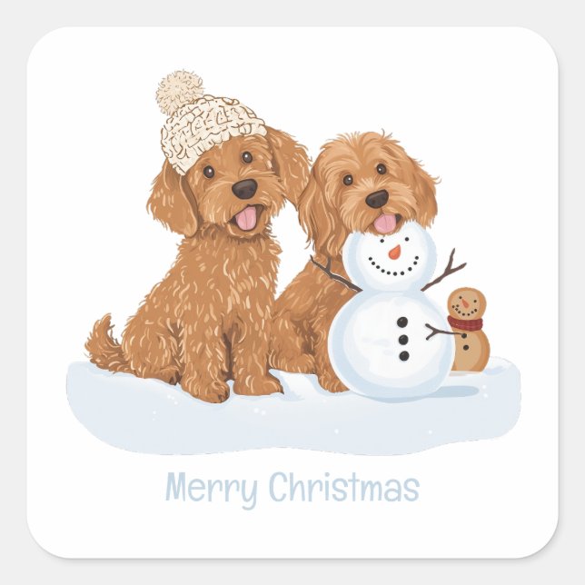 Merry Christmas Winter Goldendoodle Dog Snowman Square Sticker (Front)
