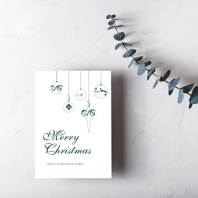 Merry Christmas Winter Green Monogram Bauble Holiday Card (Creator Uploaded)