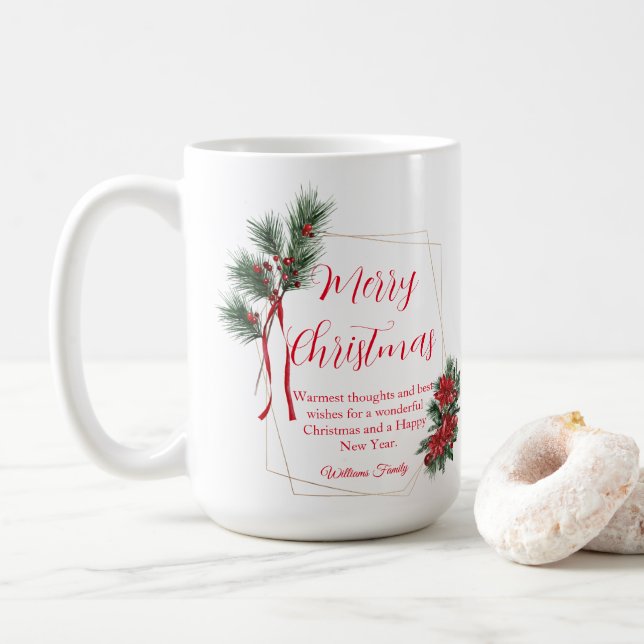 merry christmas winter greenery floral red green coffee mug (With Donut)