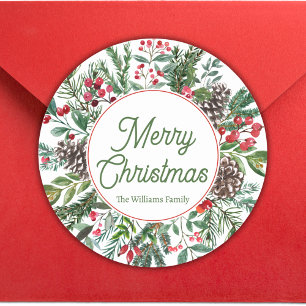 merry christmas winter greenery green calligraphy  classic round sticker