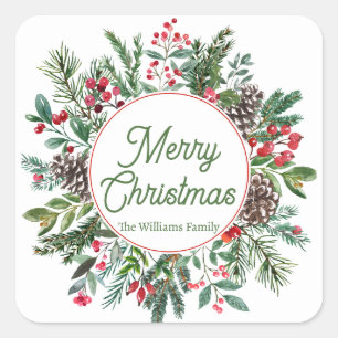 merry christmas winter greenery green script square sticker