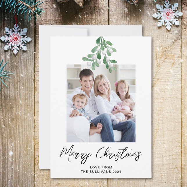 Merry Christmas Winter Greenery Mistletoe Photo Holiday Card (Creator Uploaded)