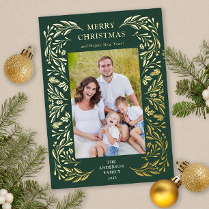 Merry Christmas Winter Greenery Photo Gold Foil Holiday Card