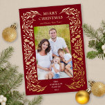 Merry Christmas Winter Greenery Photo Gold Foil Holiday Card<br><div class="desc">This vertical Christmas card features an elegant gold foil winter greenery border on a dark red background.</div>