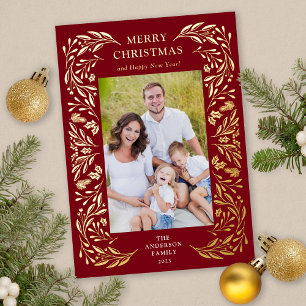 Merry Christmas Winter Greenery Photo Gold Foil Holiday Card