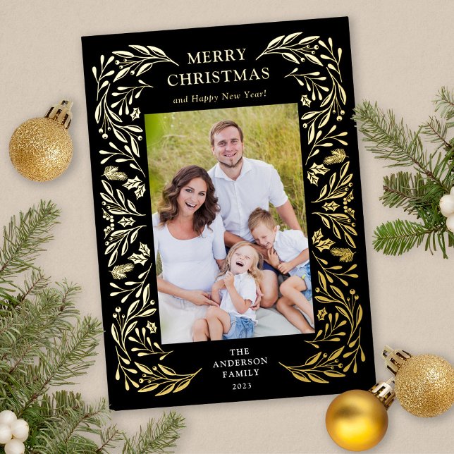 Merry Christmas Winter Greenery Photo Gold Foil Holiday Card (Gold Foil Christmas Card)