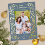 Merry Christmas Winter Greenery Photo Gold Foil Holiday Card<br><div class="desc">This vertical Christmas card features an elegant gold foil winter greenery border on a dark dusty blue background.</div>