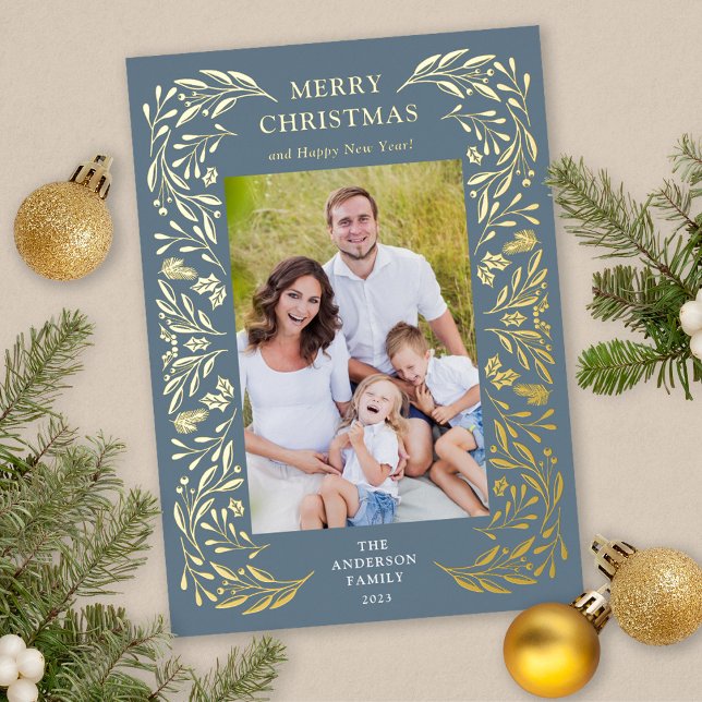 Merry Christmas Winter Greenery Photo Gold Foil Holiday Card (Gold Foil Christmas Card)