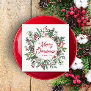 merry christmas winter greenery red script chic napkin