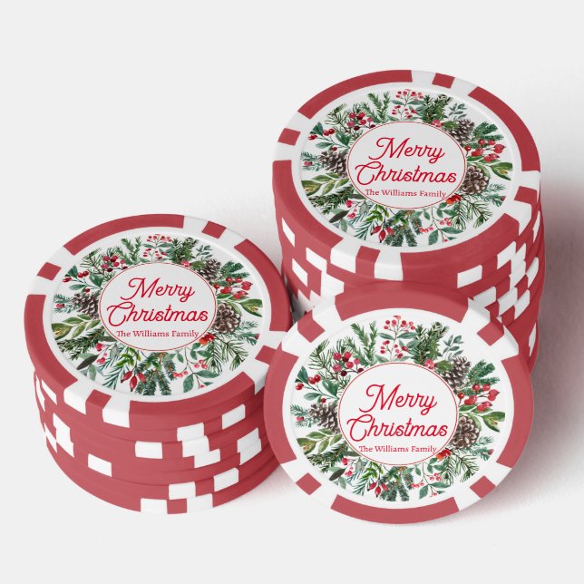 merry christmas winter greenery red script classic poker chips (Stack)