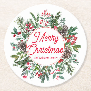 merry christmas winter greenery red script green round paper coaster