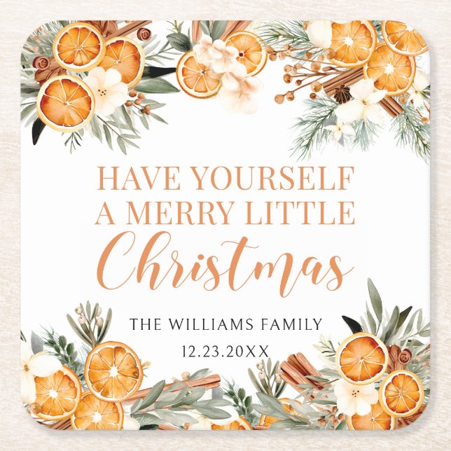 Merry Christmas winter holiday dried oranges Square Paper Coaster (Front)