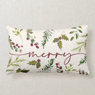 Merry Christmas Winter Holly Berry Greenery  Lumbar Cushion