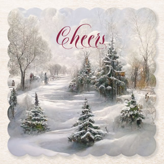 Merry Christmas Winter Landscape Pine Forest   Paper Coaster (Front)