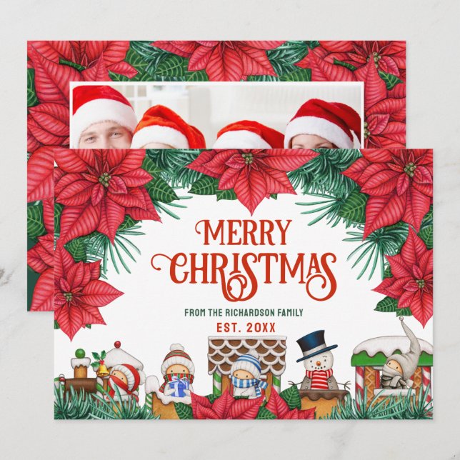 Merry Christmas Winter Poinsettia Red Custom Photo Holiday Card (Front/Back)