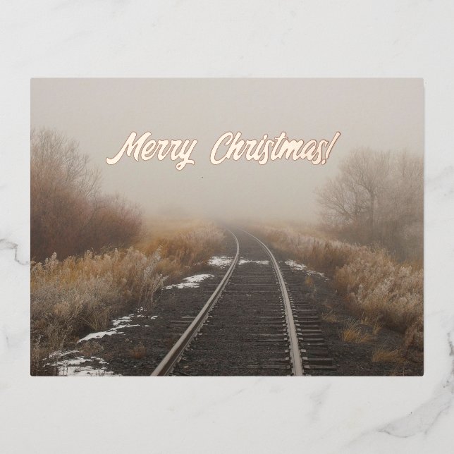 Merry Christmas Winter Railroad Tracks Photo      Foil Holiday Postcard (Front)