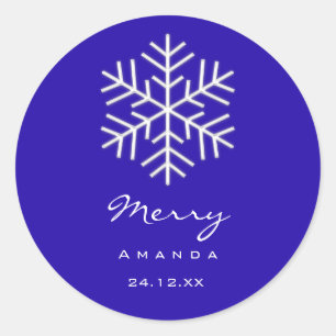 Merry Christmas Winter Royal Blue Snowflake Classic Round Sticker