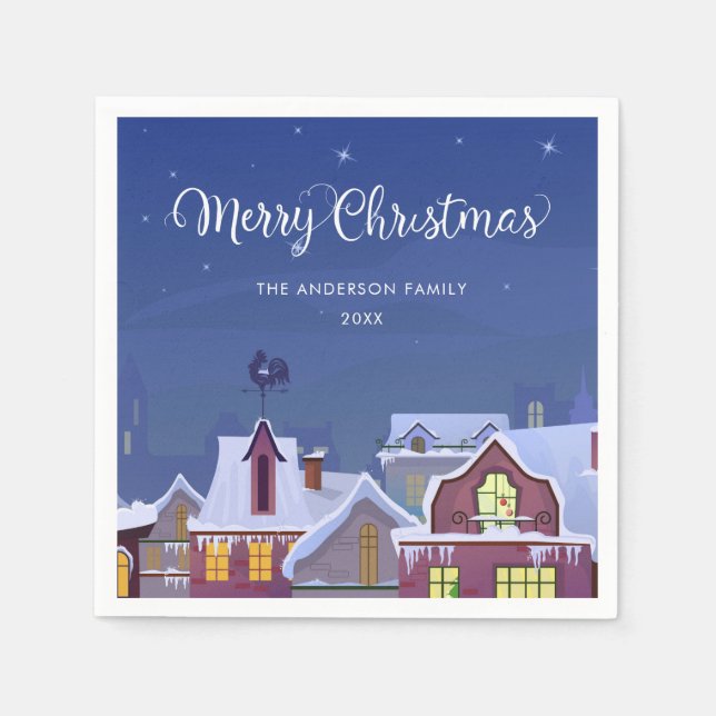 Merry Christmas Winter Scene Rooftops Napkin (Front)
