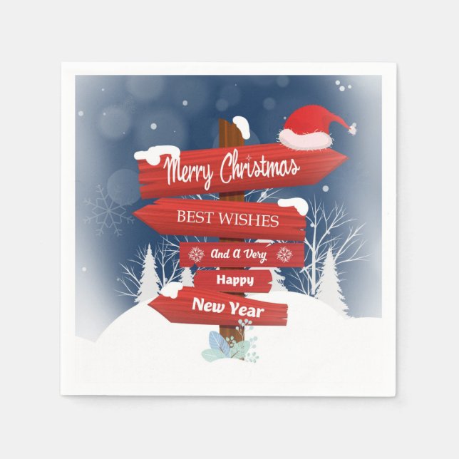 Merry Christmas winter sign with santa's Hat  Napkin (Front)