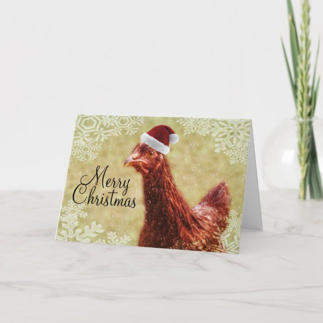 Merry Christmas Winter Snowflake Santa Chicken Holiday Card (Front)