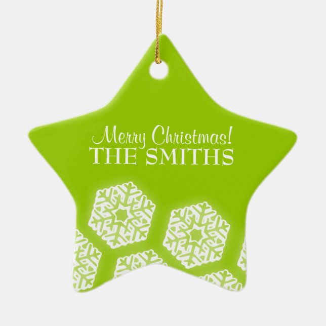 Merry Christmas Winter Snowflakes Lime Green Ceramic Tree Decoration (Front)
