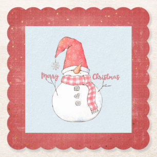 Merry Christmas Winter Snowman Plaid Scarf Paper Coaster