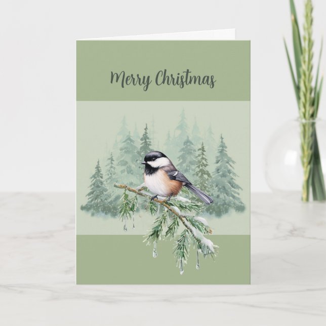 Merry Christmas Winter Spruce Tree Chickadee Holiday Card (Front)