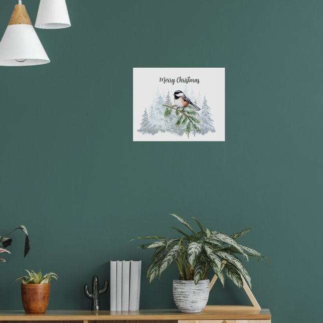 Merry Christmas Winter Spruce Tree Chickadee  Poster (Living Room 1)