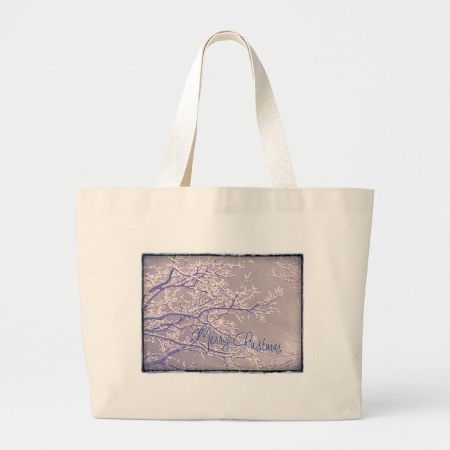 Merry Christmas Winter Tree Branches Large Tote Bag (Front)