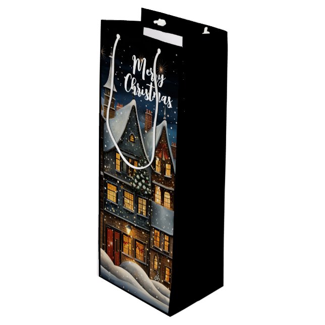 Merry Christmas Winter Village Wine Gift Bag (Front Angled)