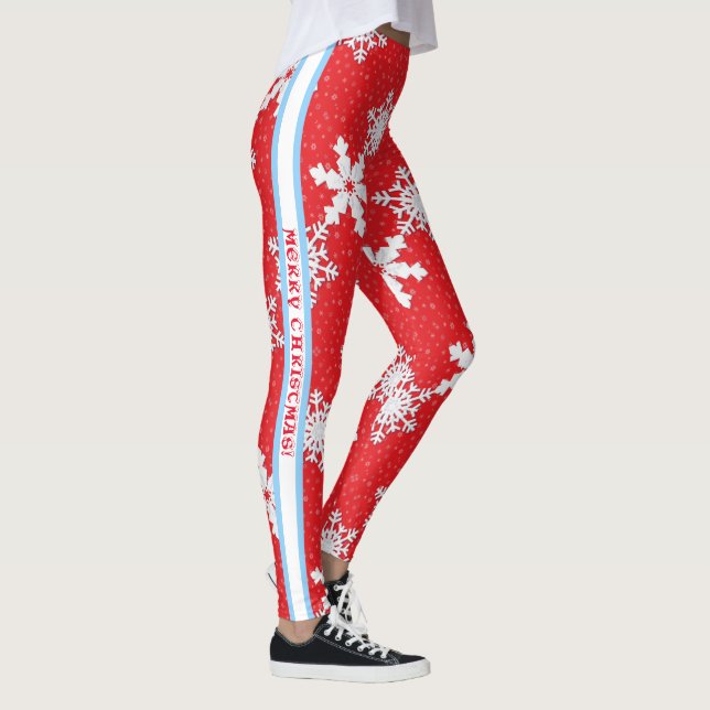 Merry Christmas! Winter White Snowflakes Red Leggings (Right)