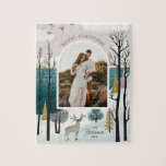 Merry Christmas. Winter woodland nordic photo Jigsaw Puzzle<br><div class="desc">Christmas photo jigsaw puzzle with cartoon winter woodland nordic landscape.</div>