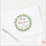 Merry Christmas Winter Wreath Family  Classic Round Sticker<br><div class="desc">Minimalist greenery wreath "Merry Christmas" customisable stickers.</div>