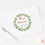 Merry Christmas Winter Wreath Family  Classic Round Sticker<br><div class="desc">Minimalist greenery wreath "Merry Christmas" customisable stickers.</div>