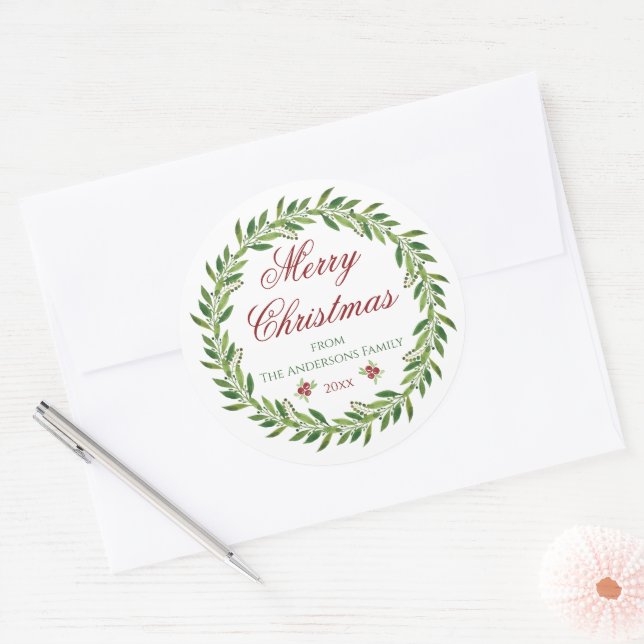 Merry Christmas Winter Wreath Family  Classic Round Sticker (Envelope)
